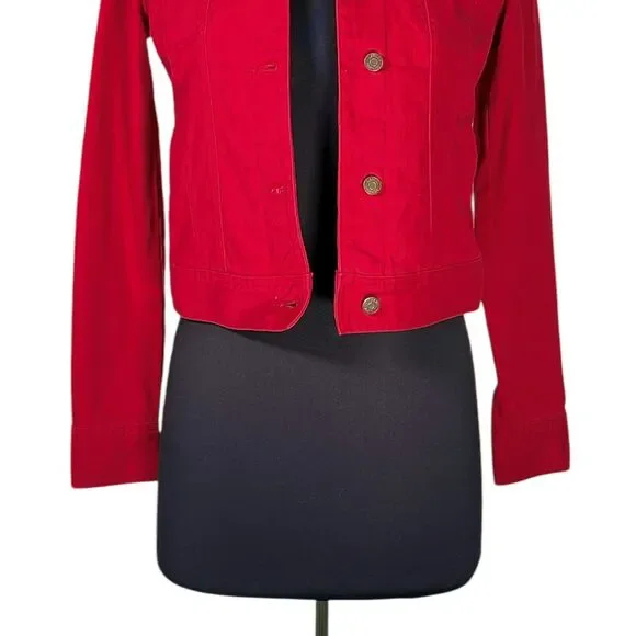 Ralph Lauren Womens Jean Jacket Red Button Front Stretch Denim Preppy Cropped XS - Picture 6 of 9